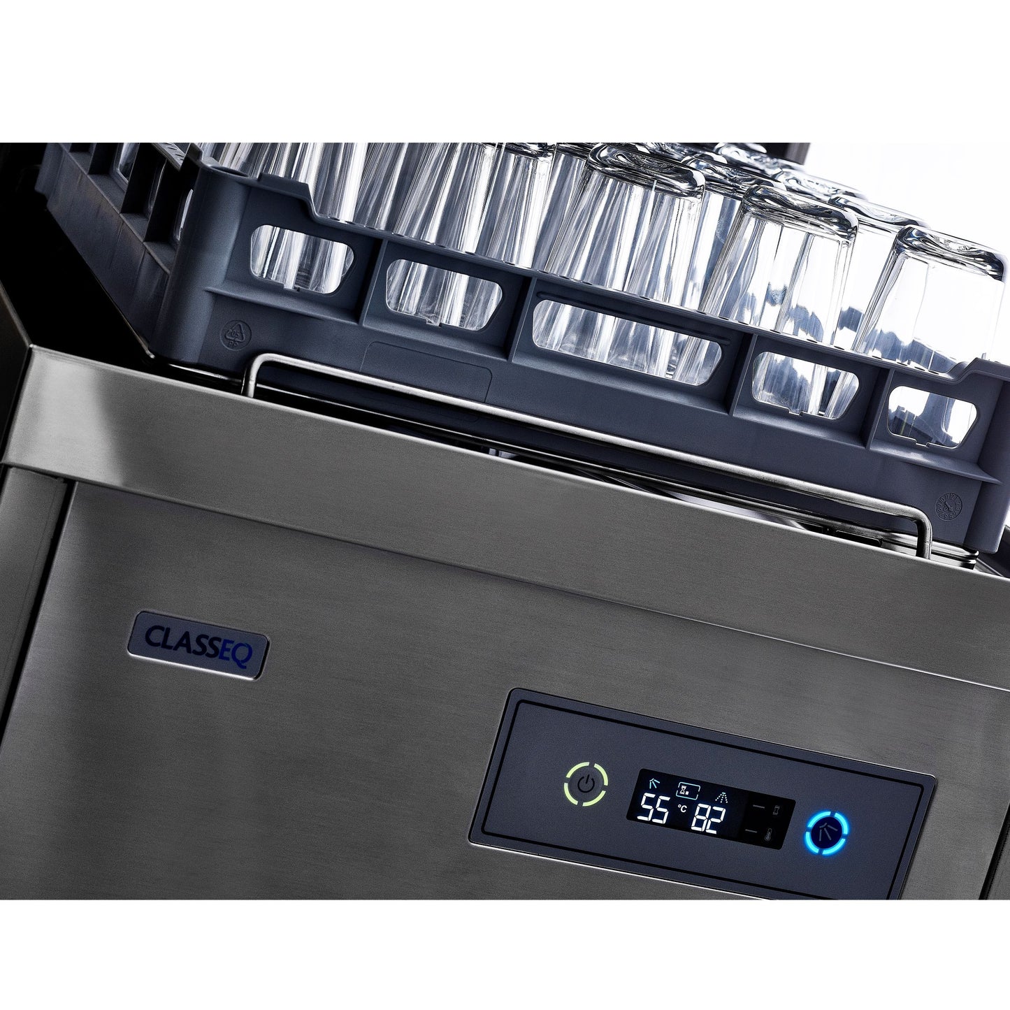 Classeq Hood Type Dishwasher P500A close up on controls and glasses rack