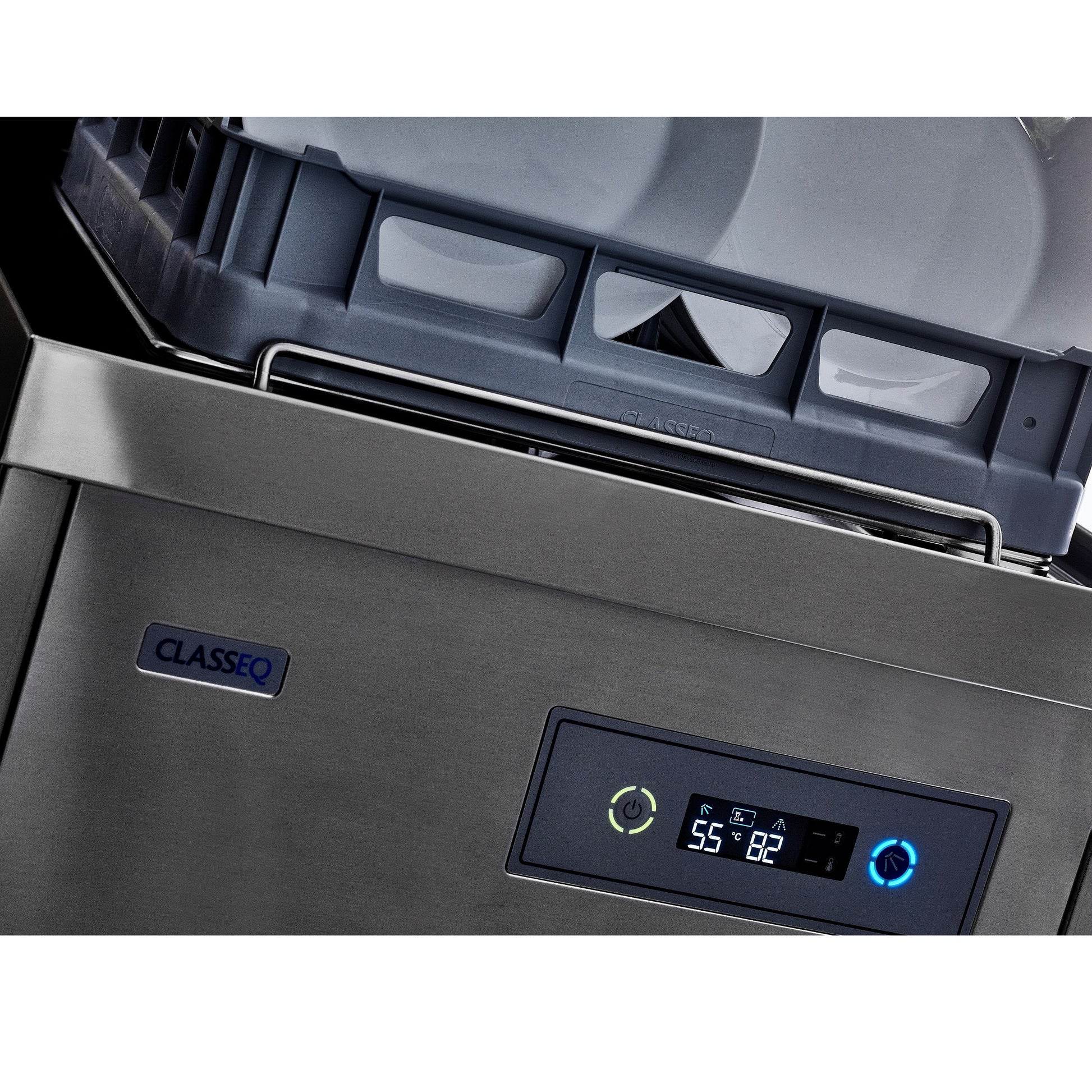 Classeq Hood Type Dishwasher P500A close up on controls with plate rack