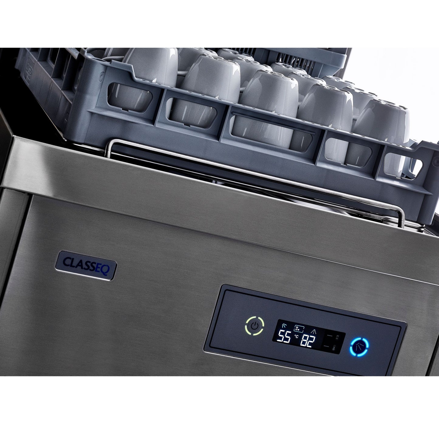 Classeq Hood Type Dishwasher P500A close up on controls with cup rack