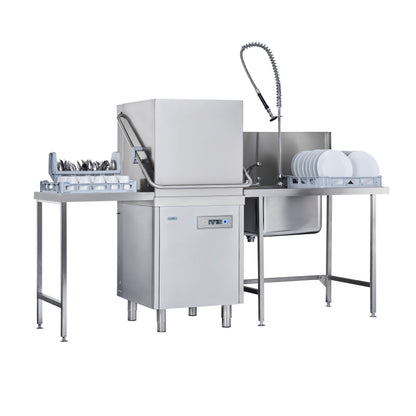 Classeq Hood Type Dishwasher P500A with tabling and loaded with plates cutlery and cups with closed lid