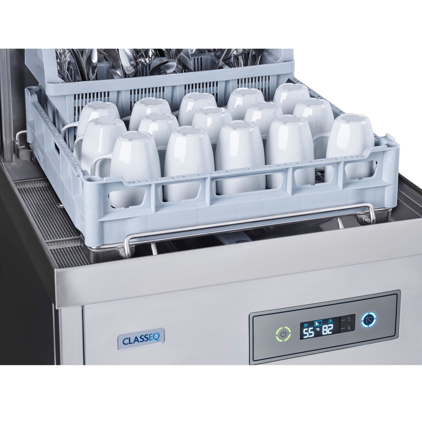 Classeq Hood Type Dishwasher P500A close up on cup rack with cutlery tray to rear