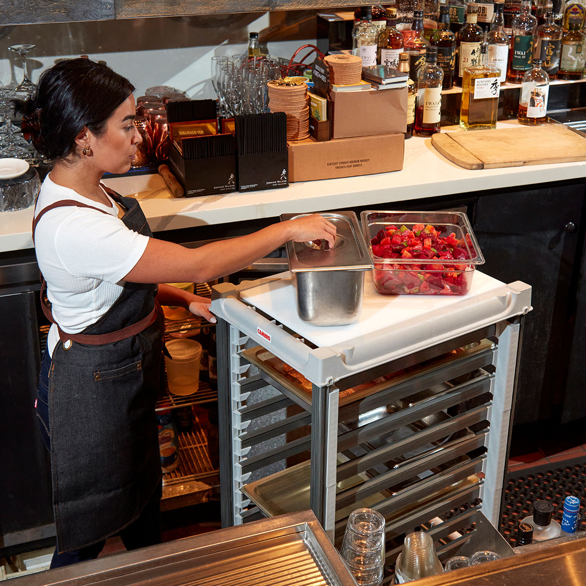 Cambro 1/1GN 9-tier Container trolley in use