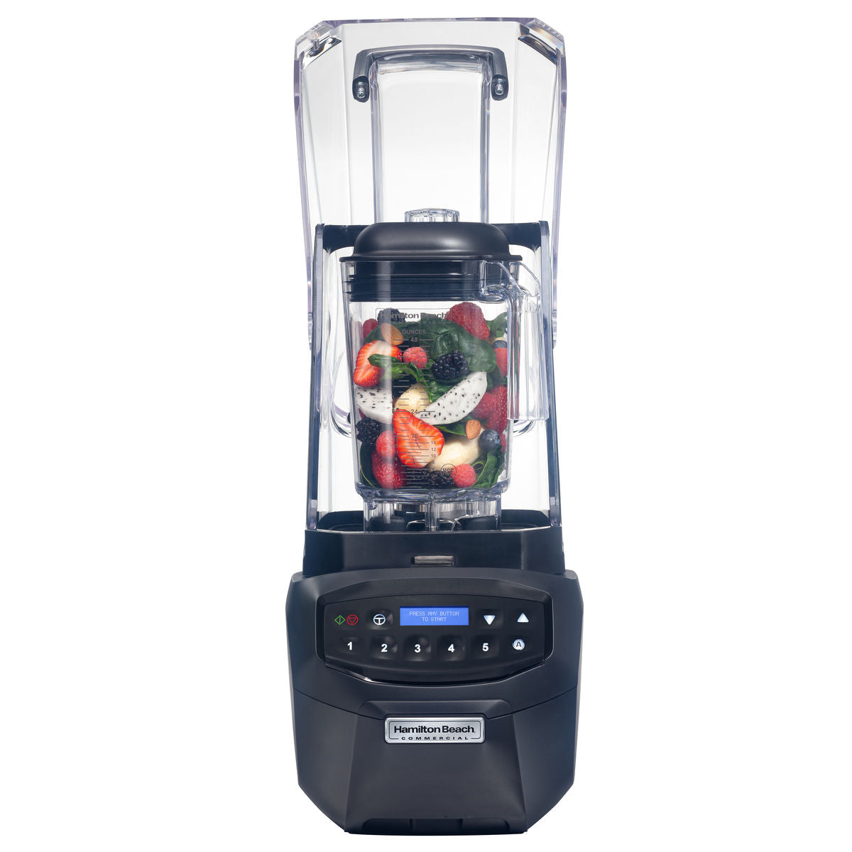 Hamilton Beach Blender (Summit Edge)  front view with fruit ready for blending