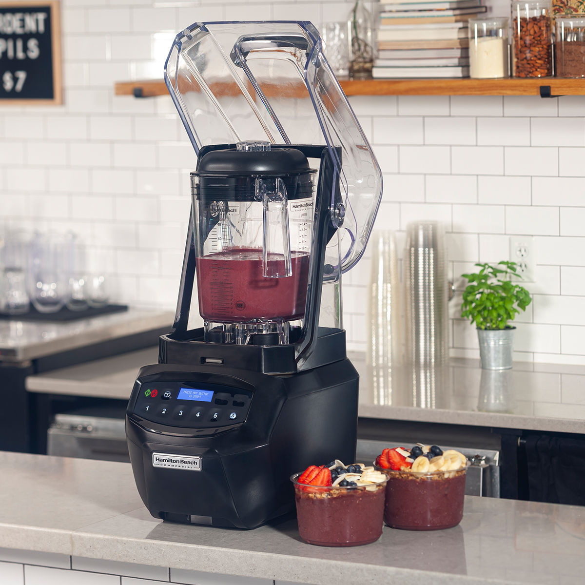 Hamilton Beach Blender (Summit Edge)  on counter, with lid lifted