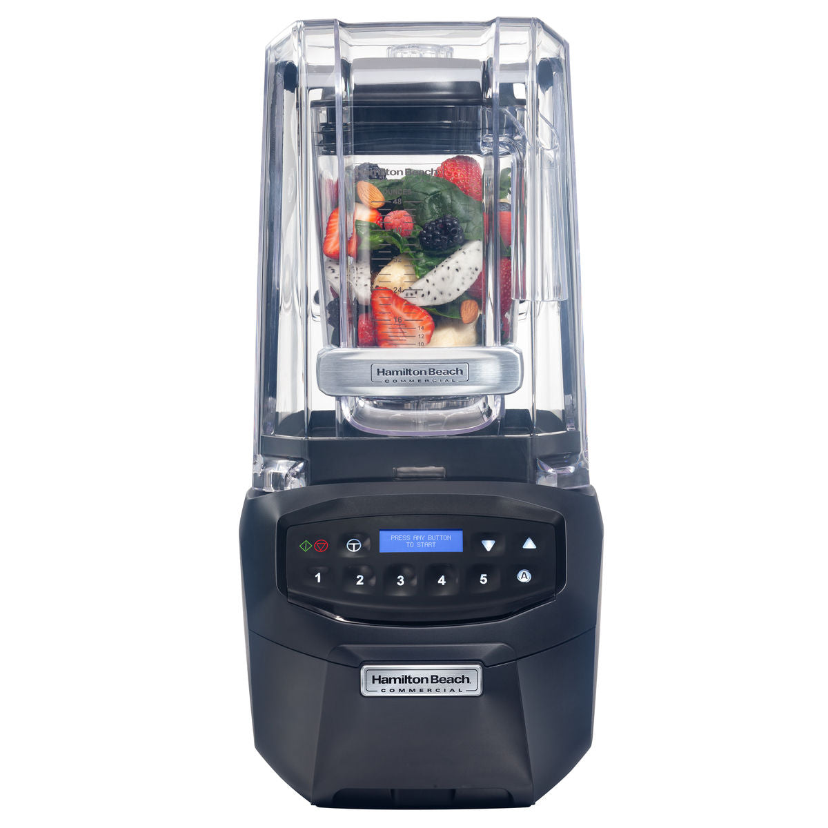 Hamilton Beach Blender (Summit Edge)  front view with fruit ready to go